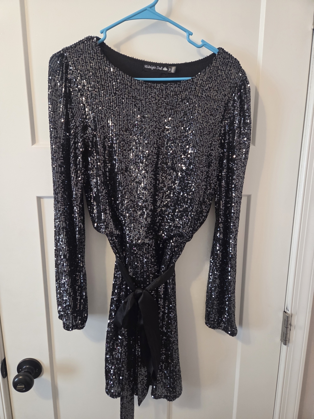 Midnight Doll Black Sequin Long Sleeve Belted Dress